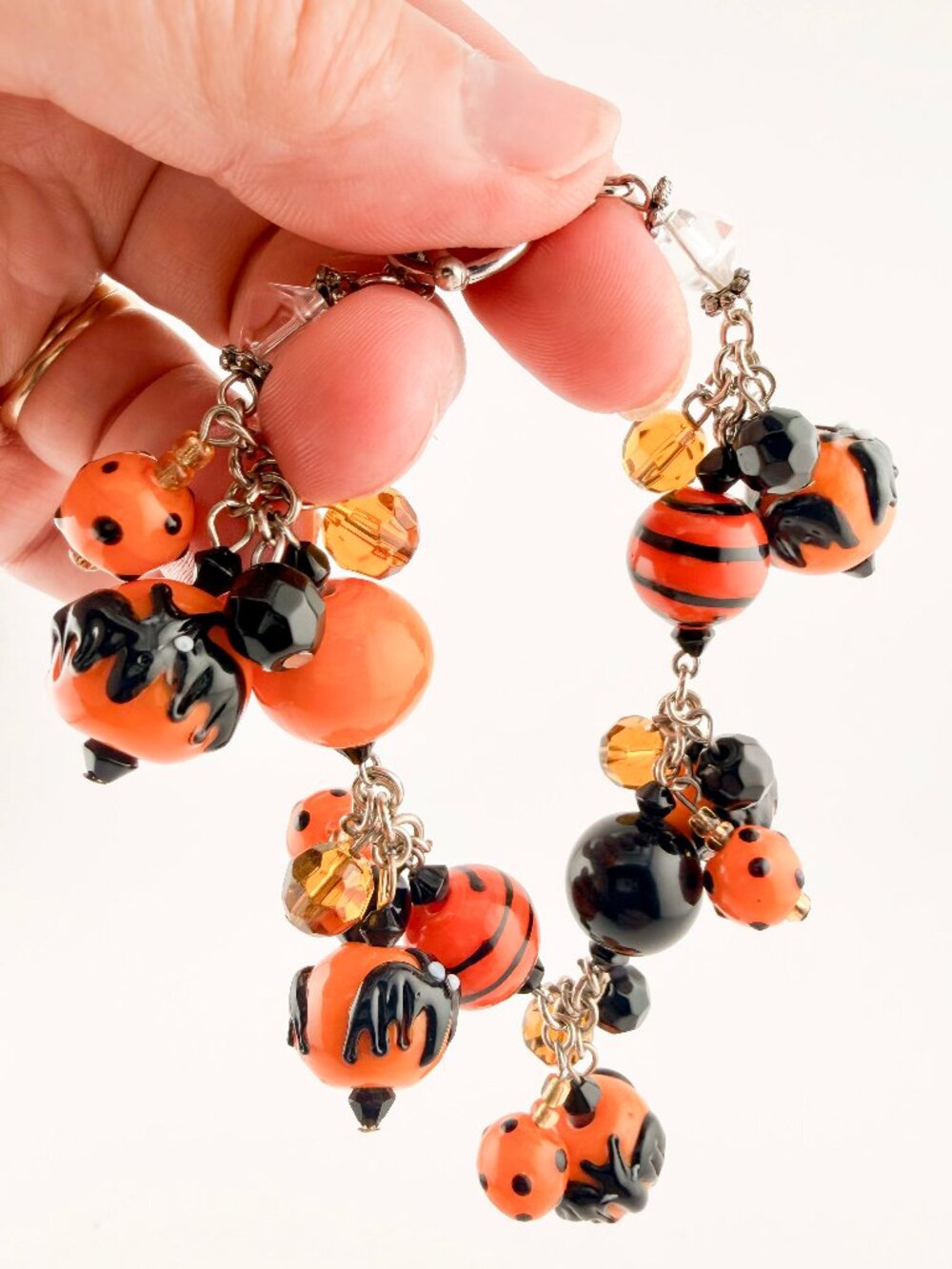 Halloween Lampwork Art Glass Charm Bracelet Black Bat Orange Polka Dot Toggle